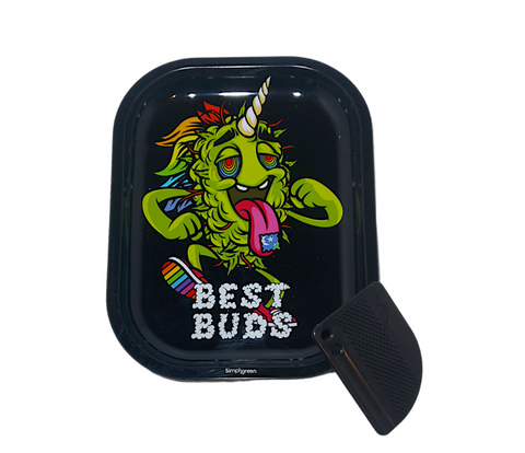 Best Buds LSD Small Metal Rolling Tray with Magnetic Grinder Card