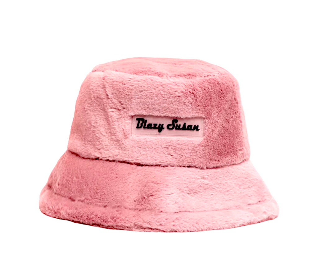 Pink fuzzy bucket hat sales